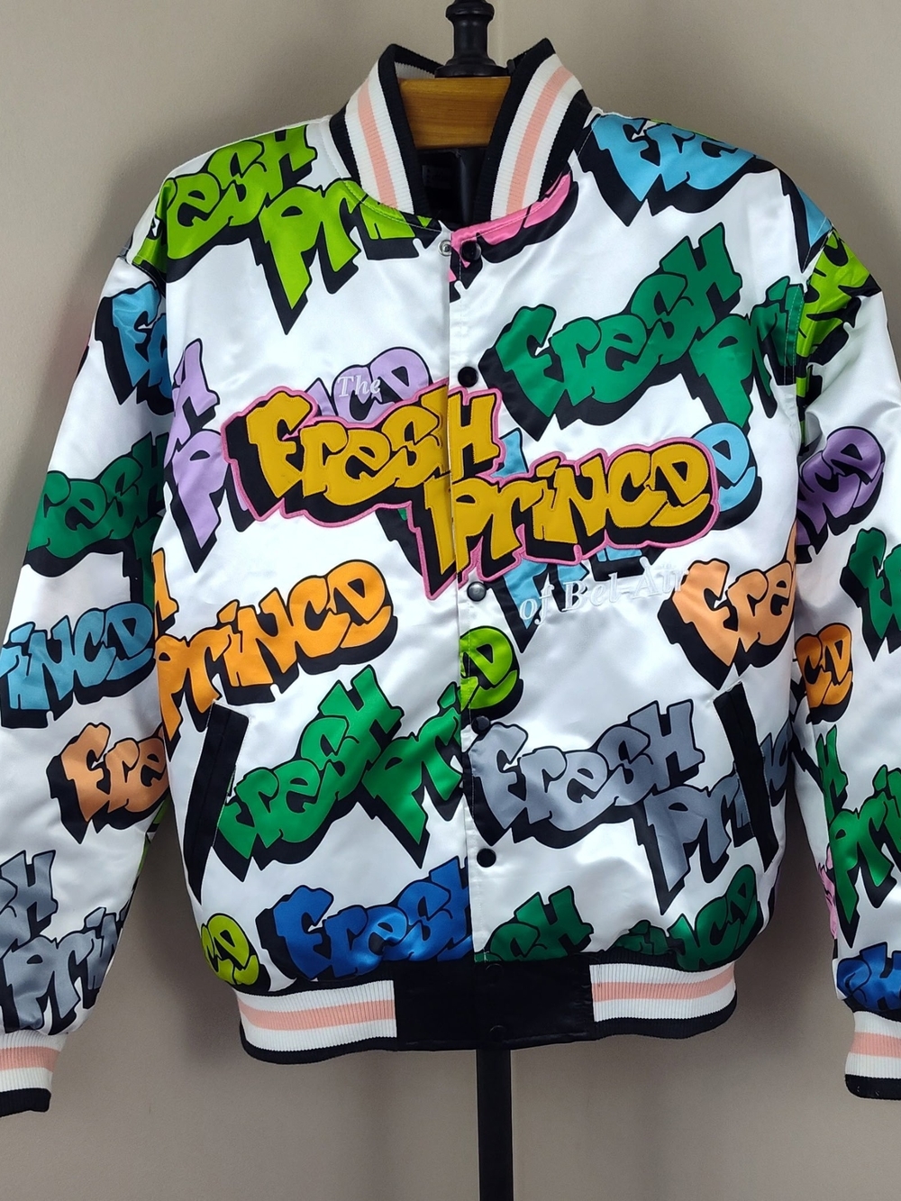 White Fresh Prince Graphic Bomber Jacket with Multicolor Graffiti